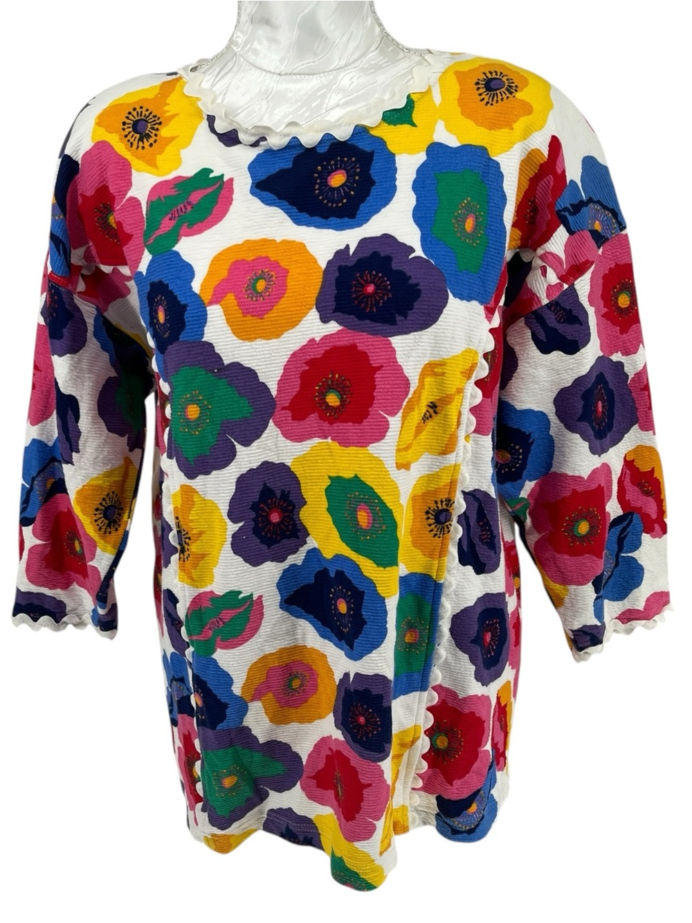 Vintage L’eau Vive Sz L Pop Art 3/4 Sleeve Tunic White with Multicolor Flowers
